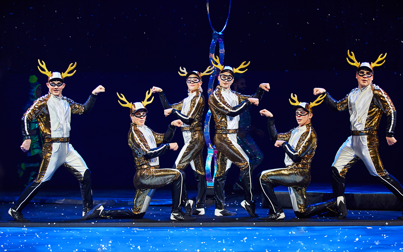 Performers in reindeer costumes during Cirque du Soleil 'Twas The Night Before show.